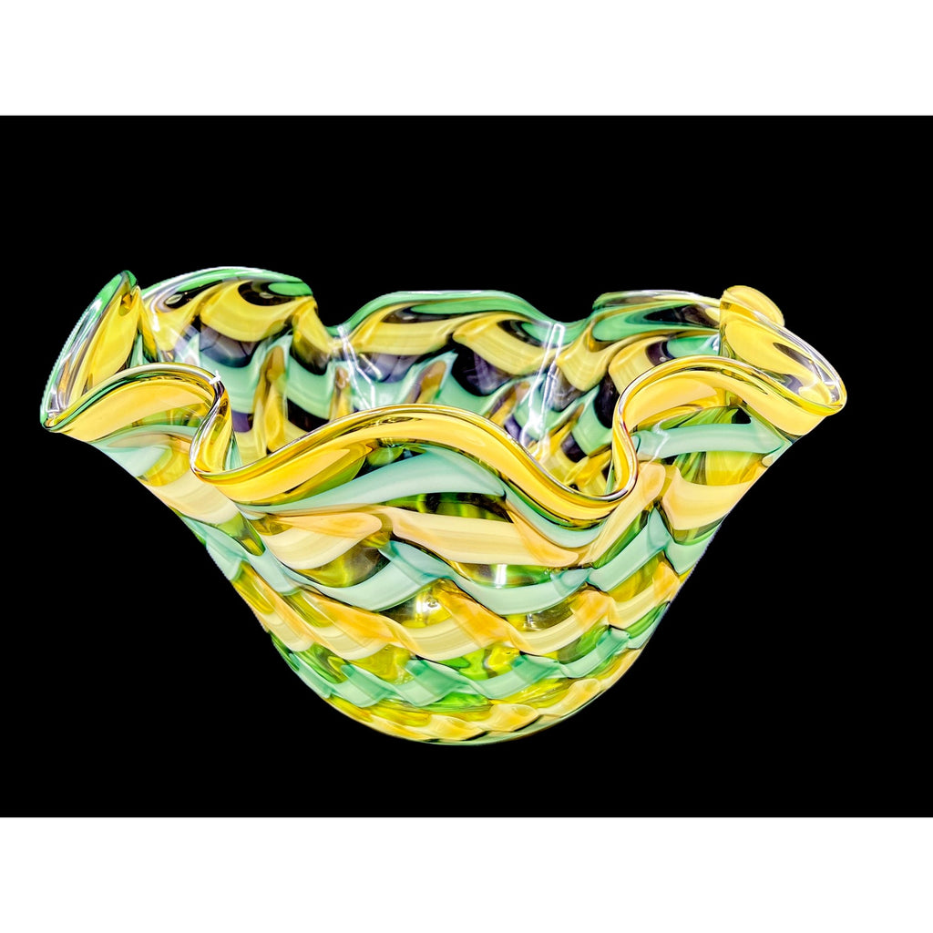 Handblown Midcentury Handkerchief Glass Bowl With Yellow & Green Ribbon Design