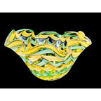 Handblown Midcentury Handkerchief Glass Bowl With Yellow & Green Ribbon Design