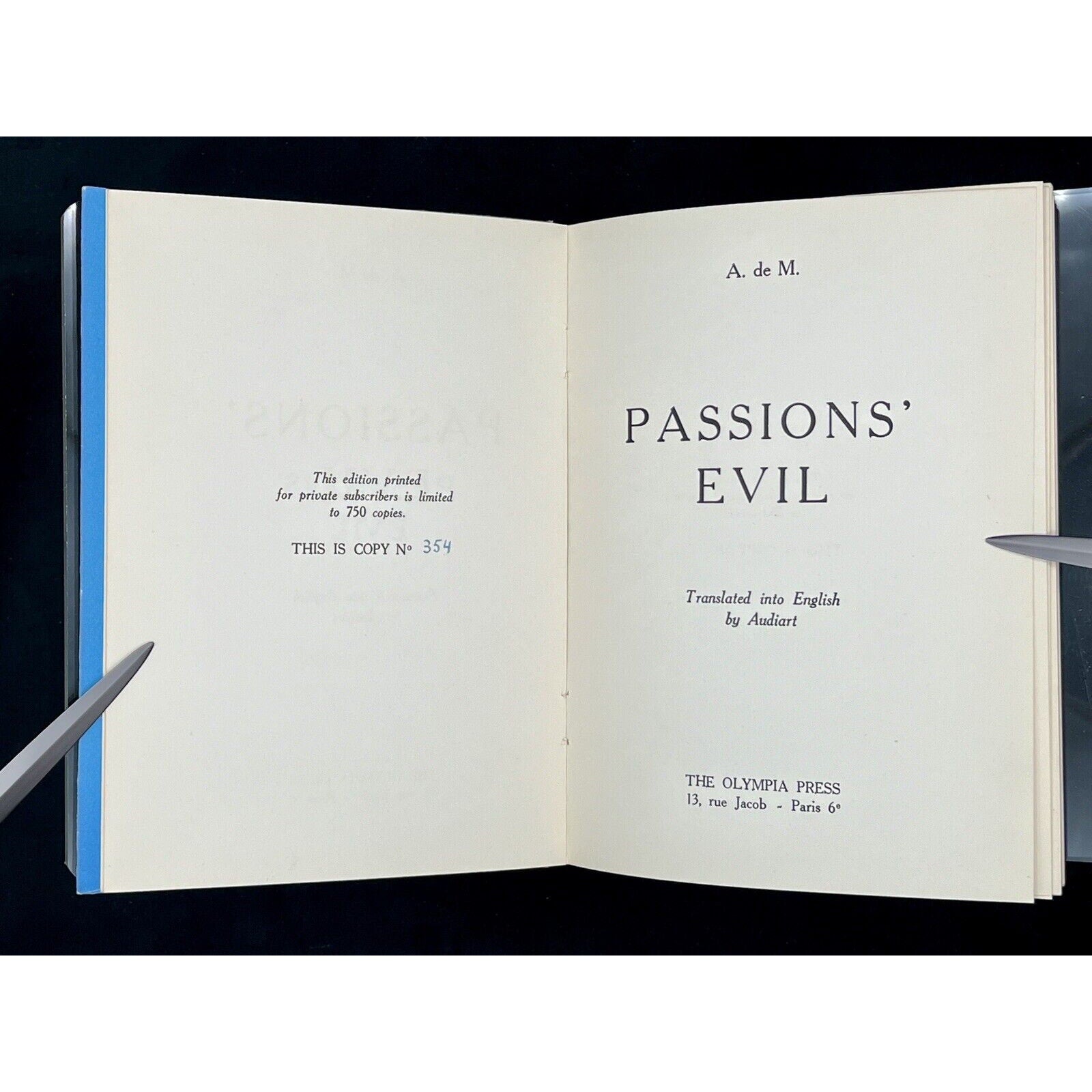 Passions' Evil by Alfred de Musset, Olympia Press 1953 numbered edition, copy 354 of 750, open title pages.