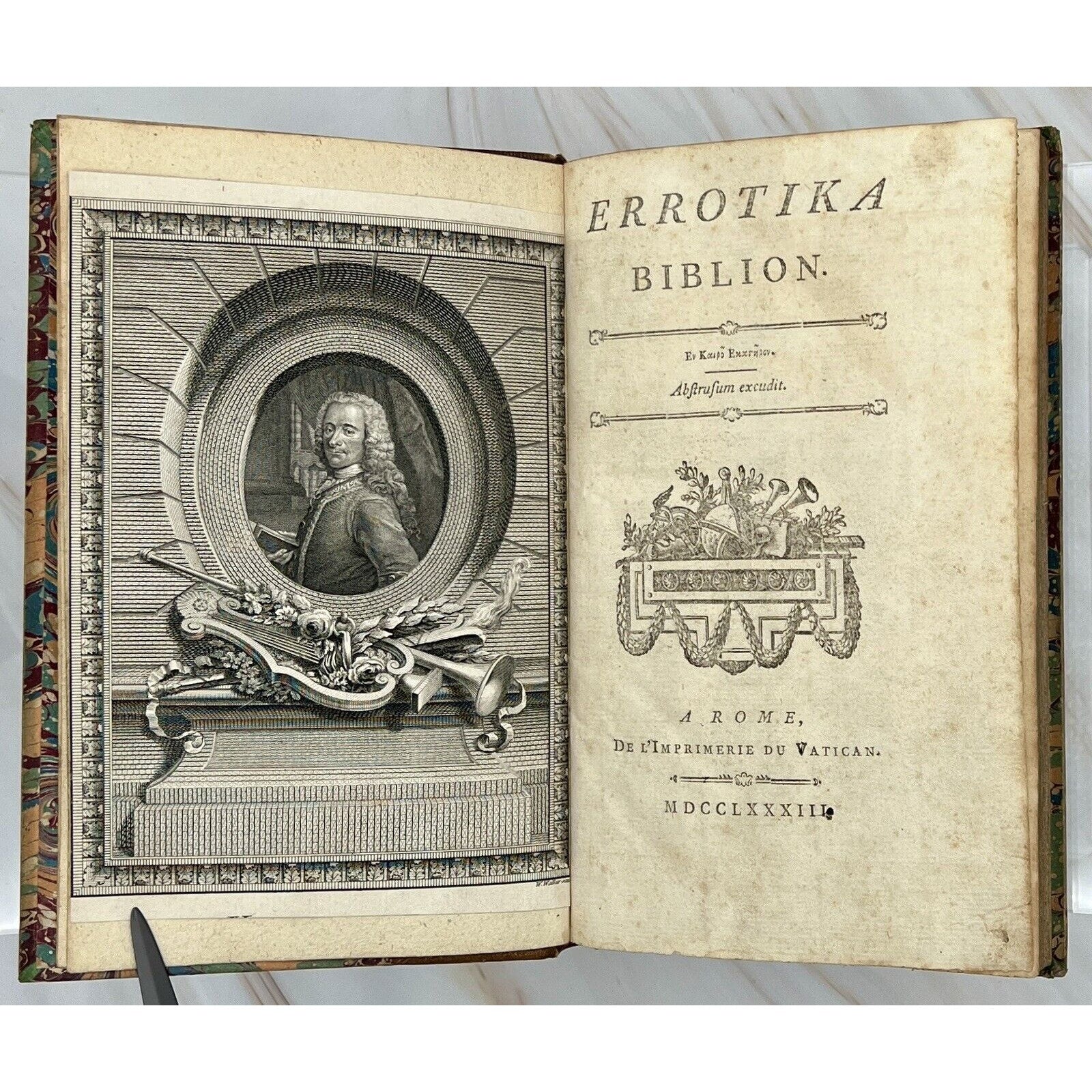 Open 1783 Errotika Biblion by Mirabeau with engraved portrait on left and ornate title page on right.