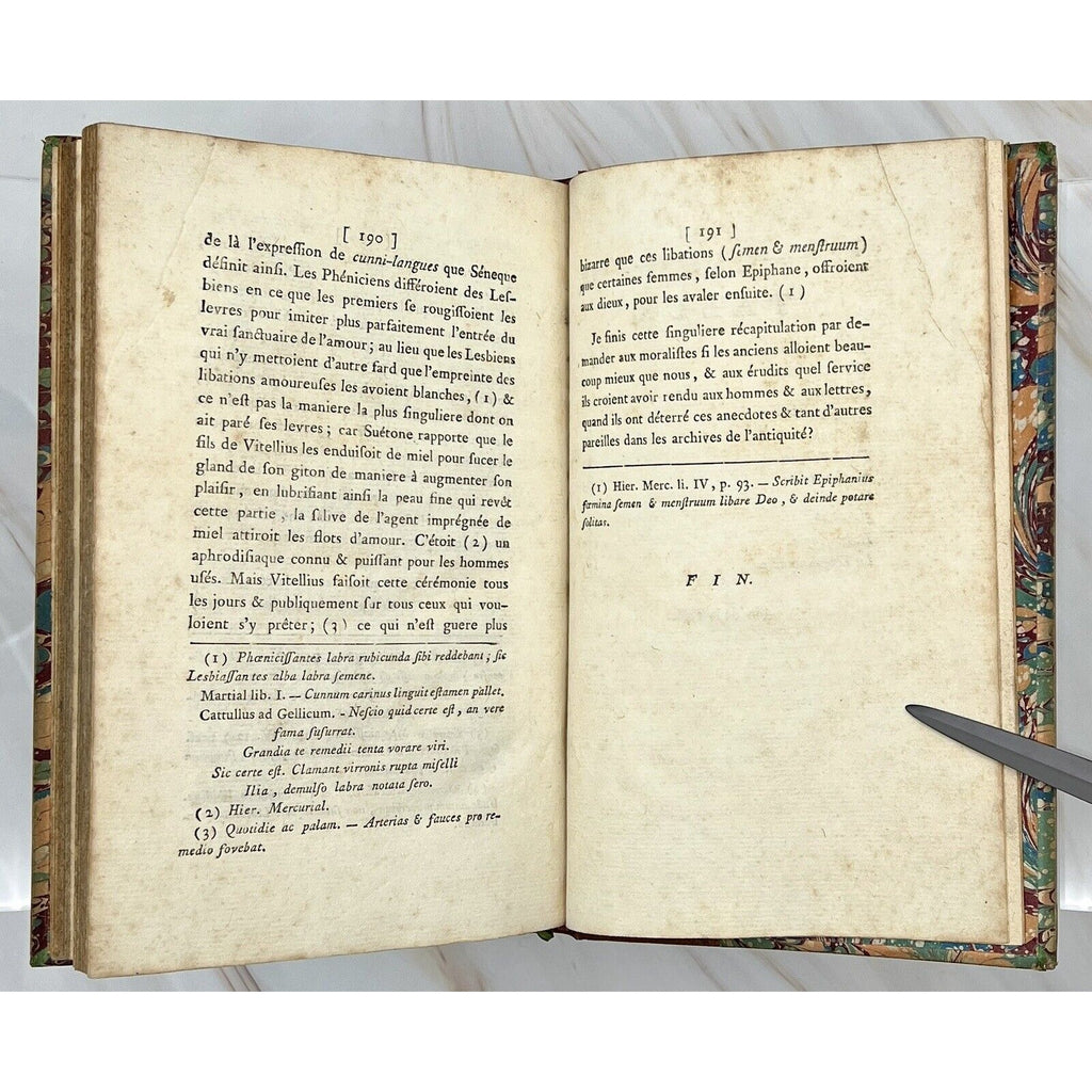 Errotika Biblion, de Mirabeau, 1783 first edition, leather-bound antique French erotica book opened to pages.